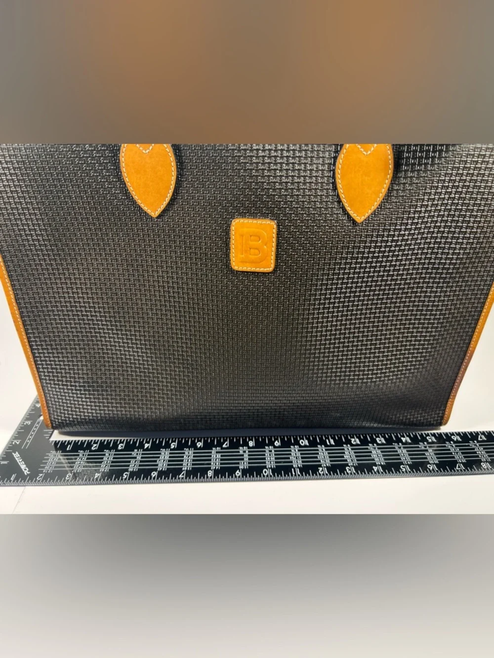 3077: Vintage Bally Micro B Monogram Black & Tan Leather Tote